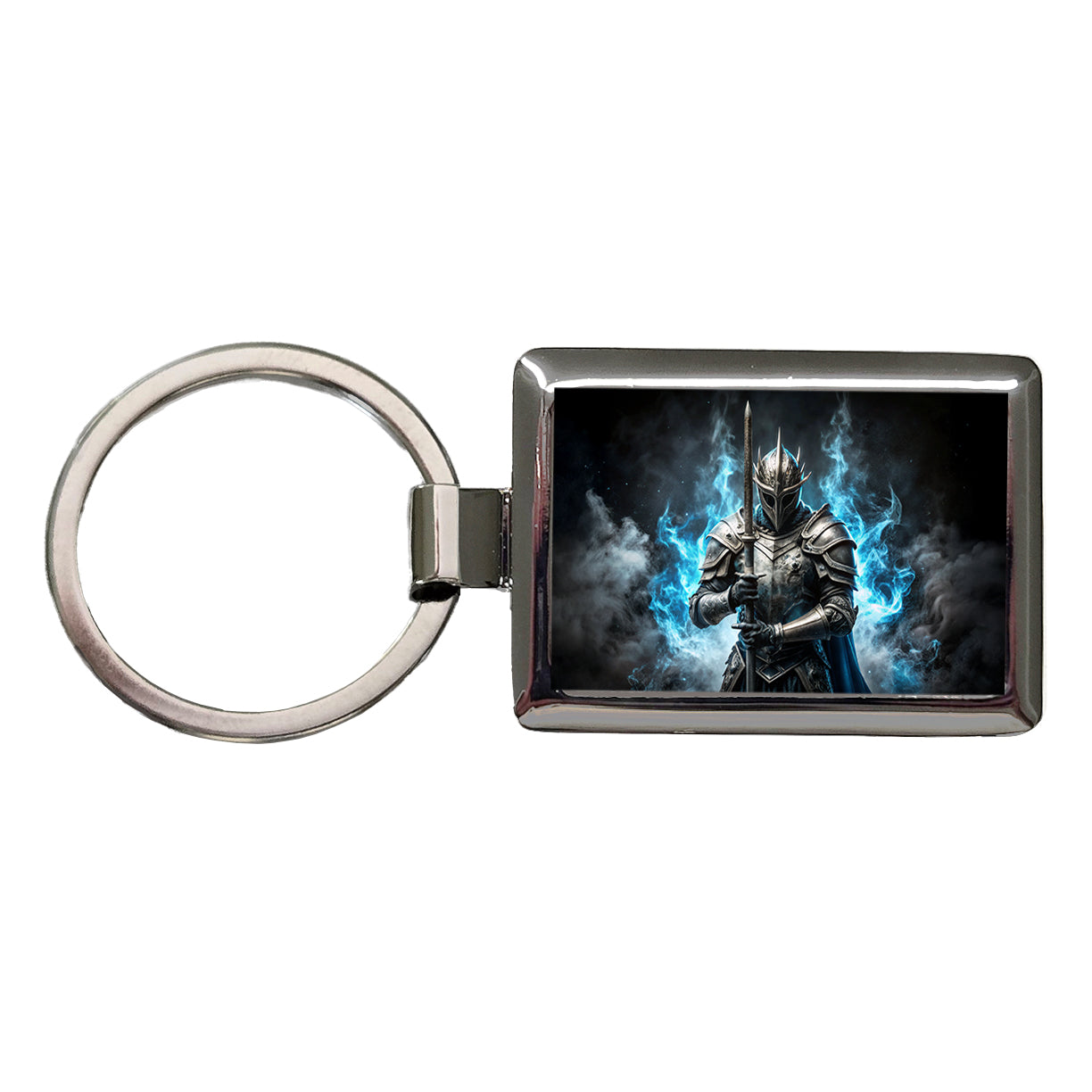 Fantasy Warrior Knight Blue Flames Rectangle Metal Keychain