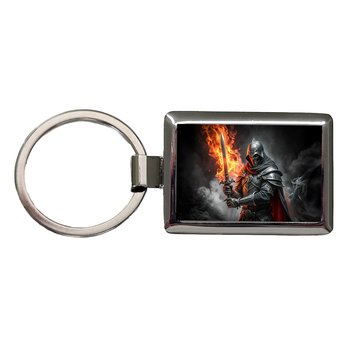 Fantasy Warrior Knight with Flaming Sword Rectangle Metal Keychain