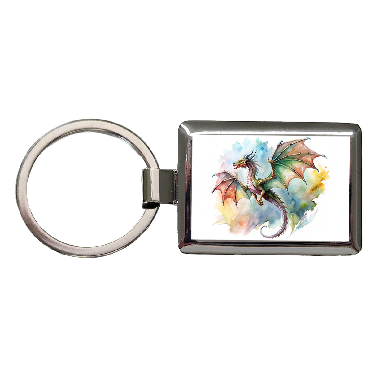 Fantasy Wyvern Dragon In Flight Watercolor Rectangle Metal Keychain