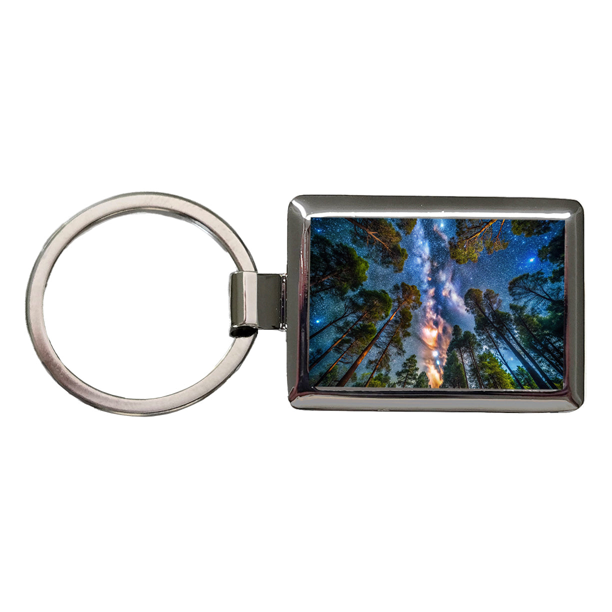 Forest Trees and Starry Night Sky Rectangle Metal Keychain