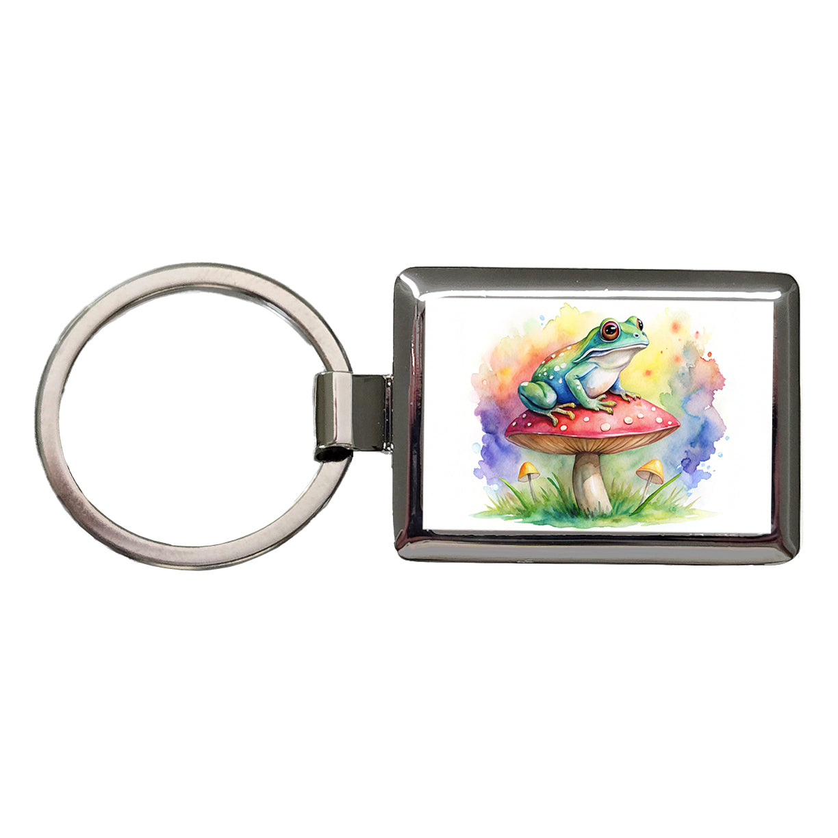 Frog Sitting On A Magical Mushroom Watercolor Rectangle Metal Keychain