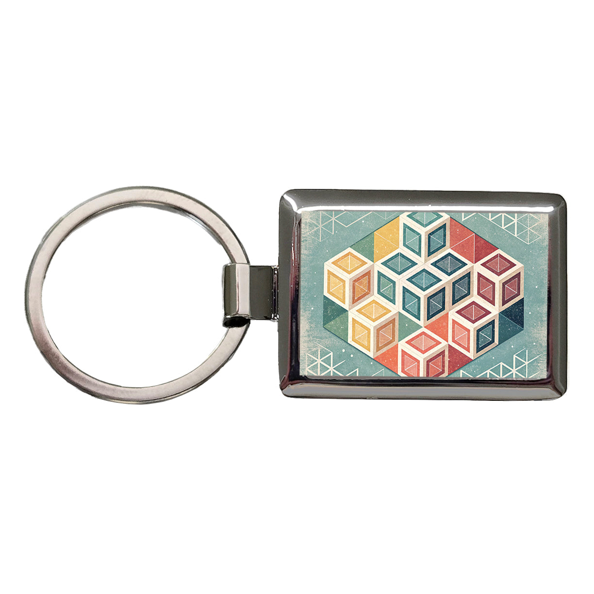 Geometric Cube Pattern Design Rectangle Metal Keychain