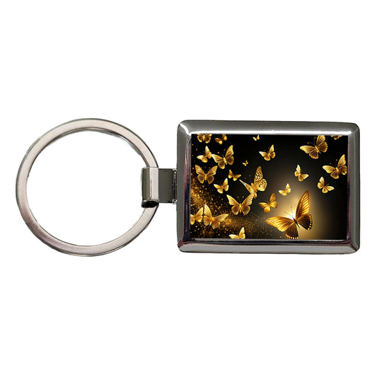 Gold Butterflies Flying Rectangle Metal Keychain
