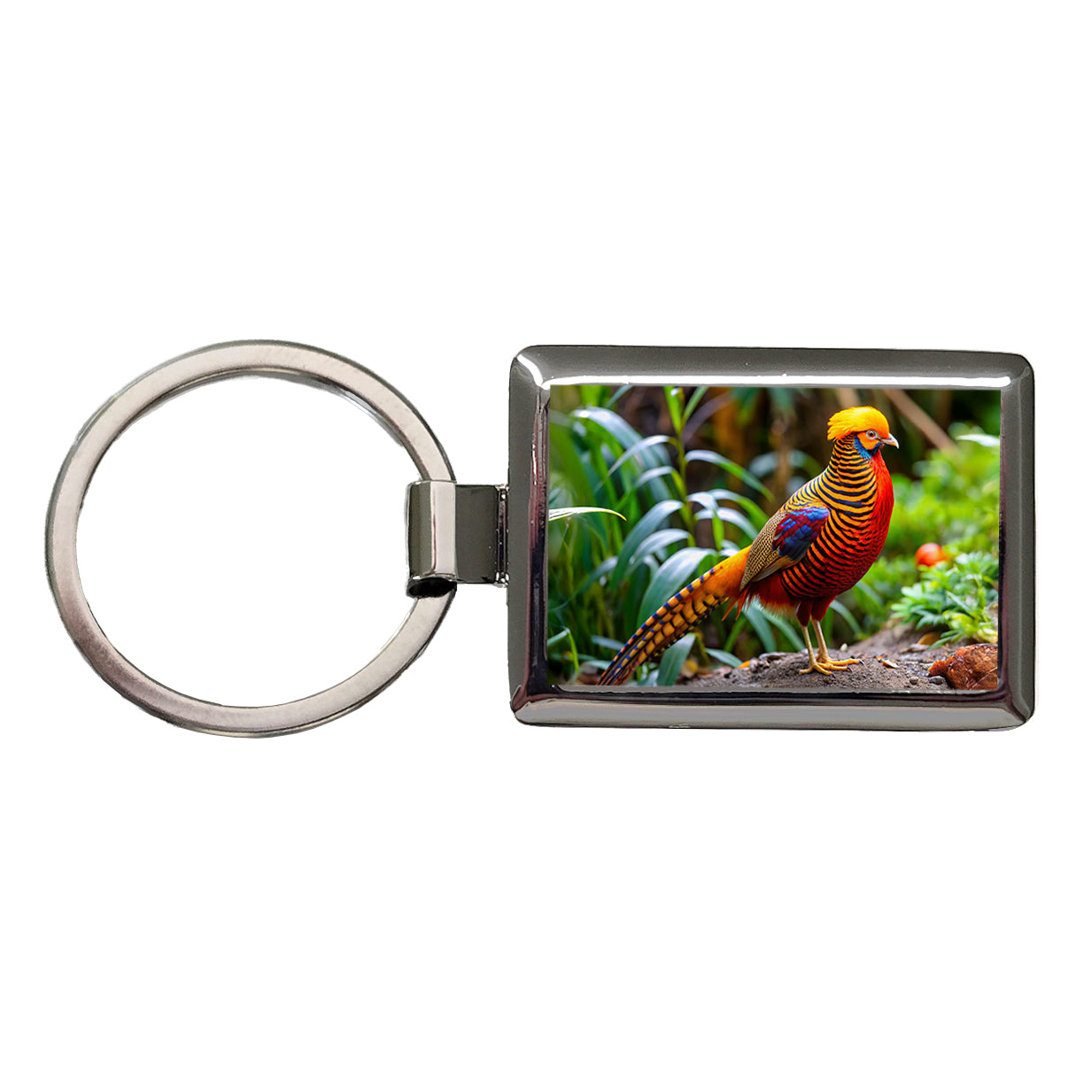 Golden Pheasant Rectangle Metal Keychain