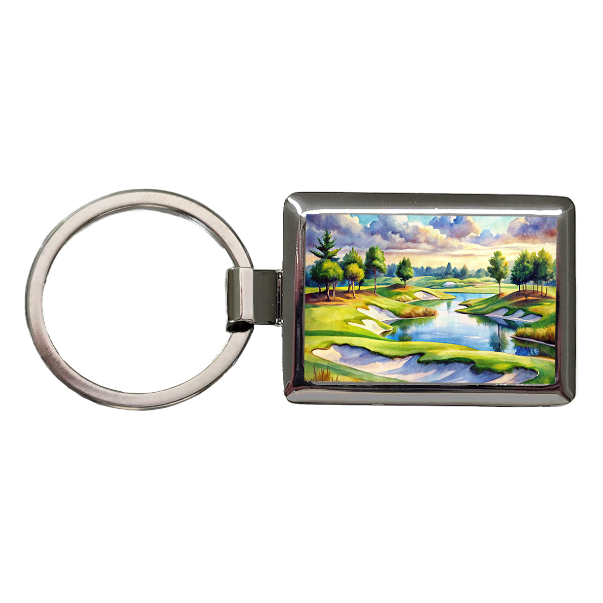 Golf Course With Sand Traps And Lake Watercolor Rectangle Metal Keychain