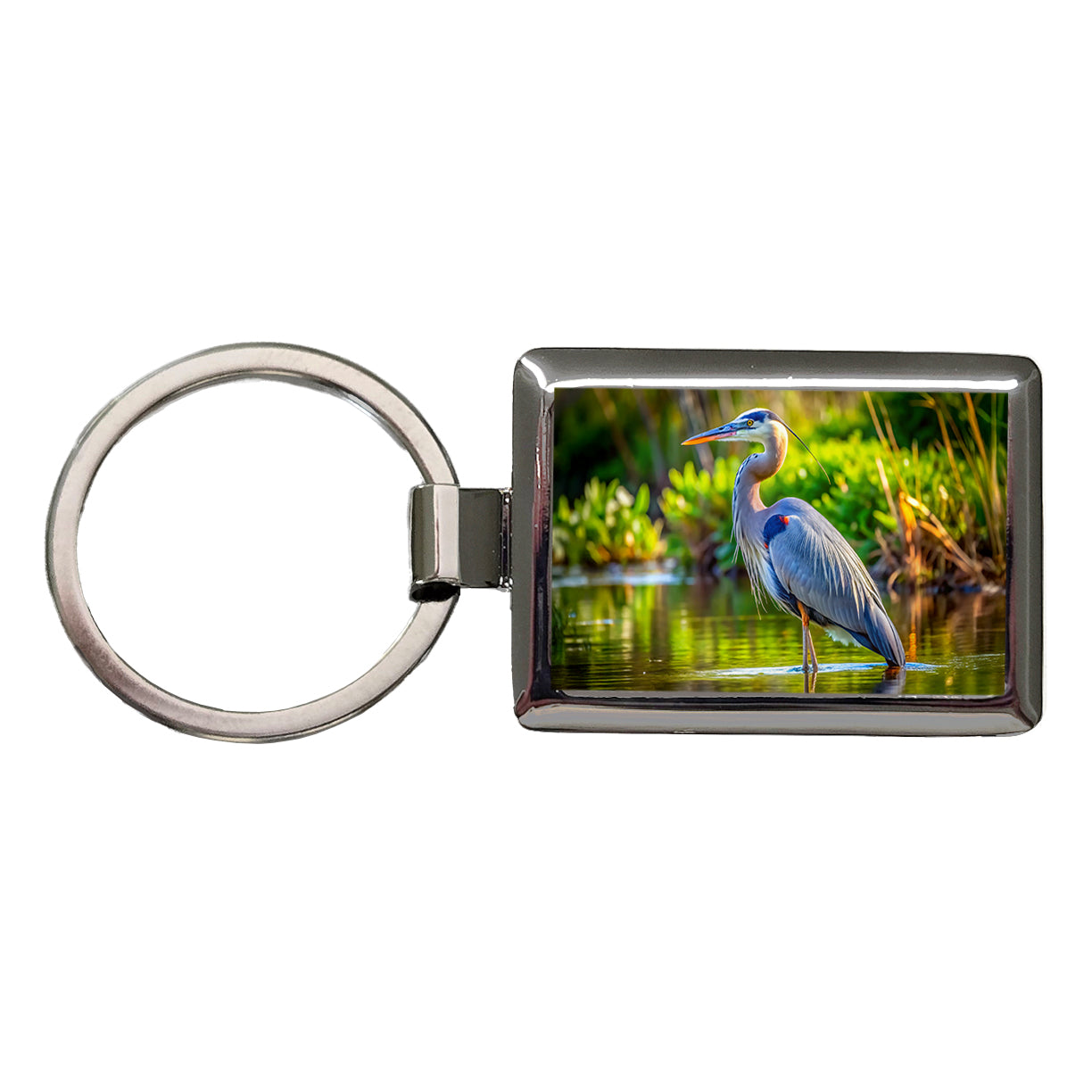 Great Blue Heron Rectangle Metal Keychain