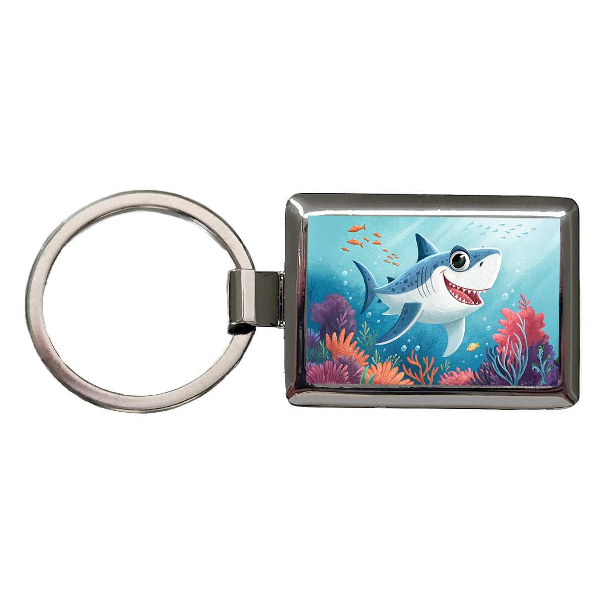 Great White Shark Children's Illustration Style Rectangle Metal Keychain