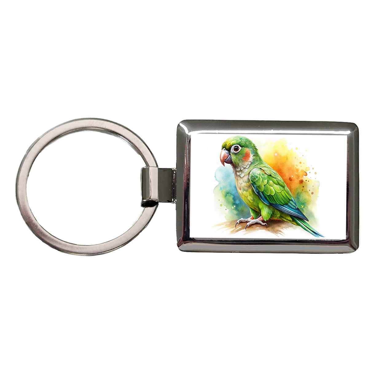 Green Conure Parakeet Bird Watercolor Rectangle Metal Keychain