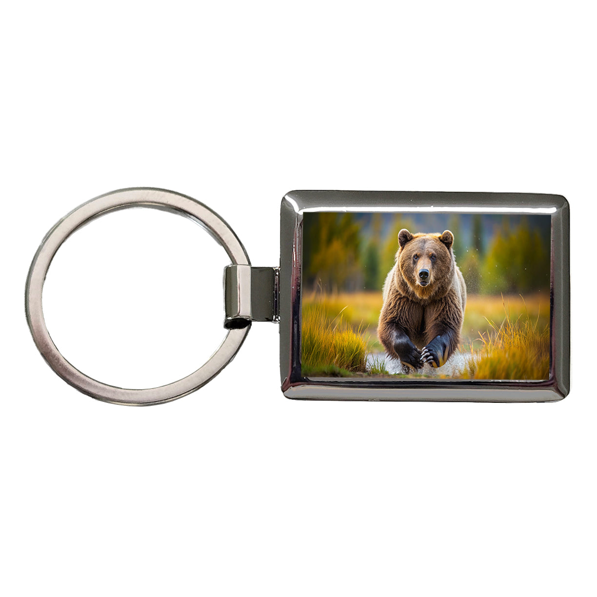 Grizzly Bear Chasing You Rectangle Metal Keychain