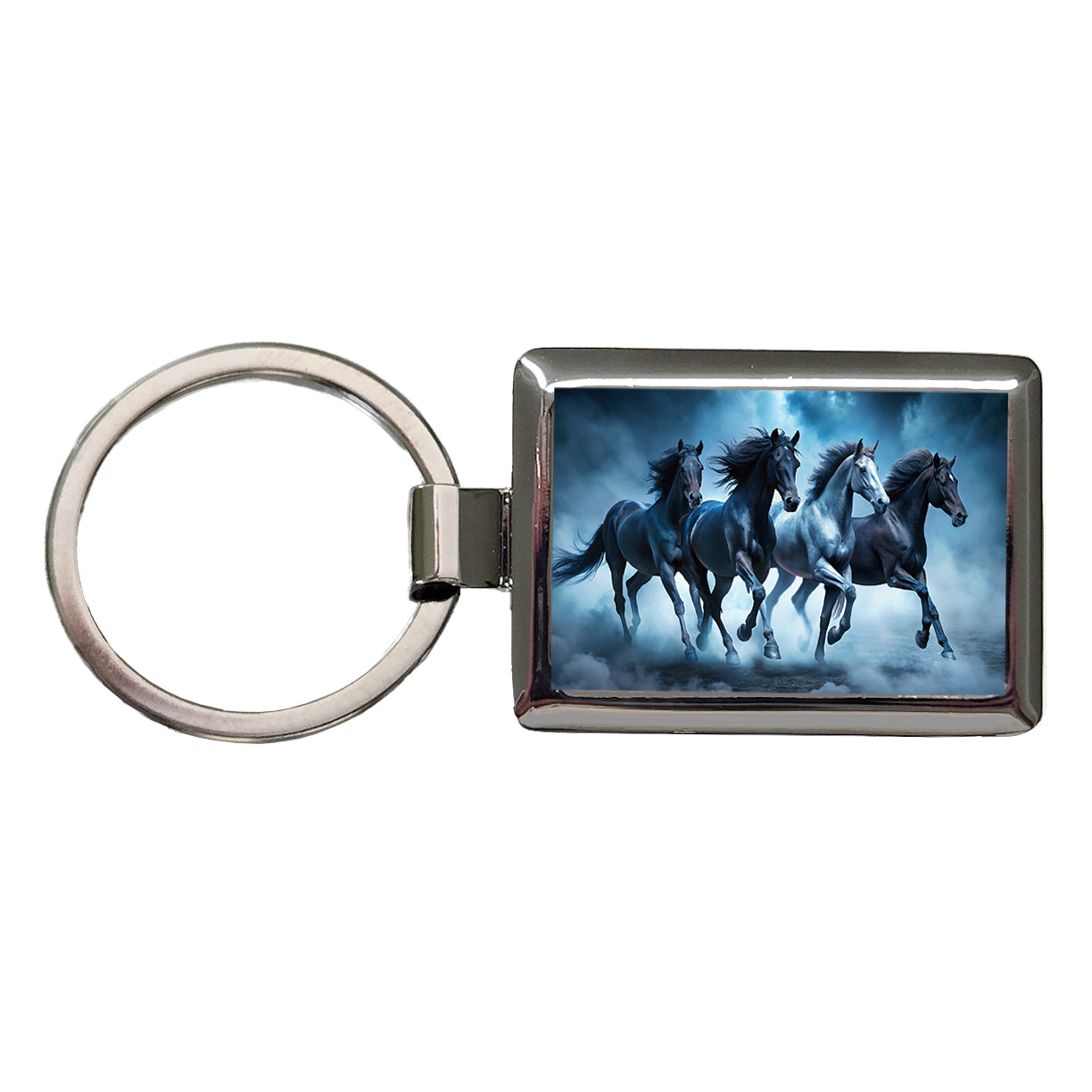 Horses Galloping Out Of The Night Mists Rectangle Metal Keychain