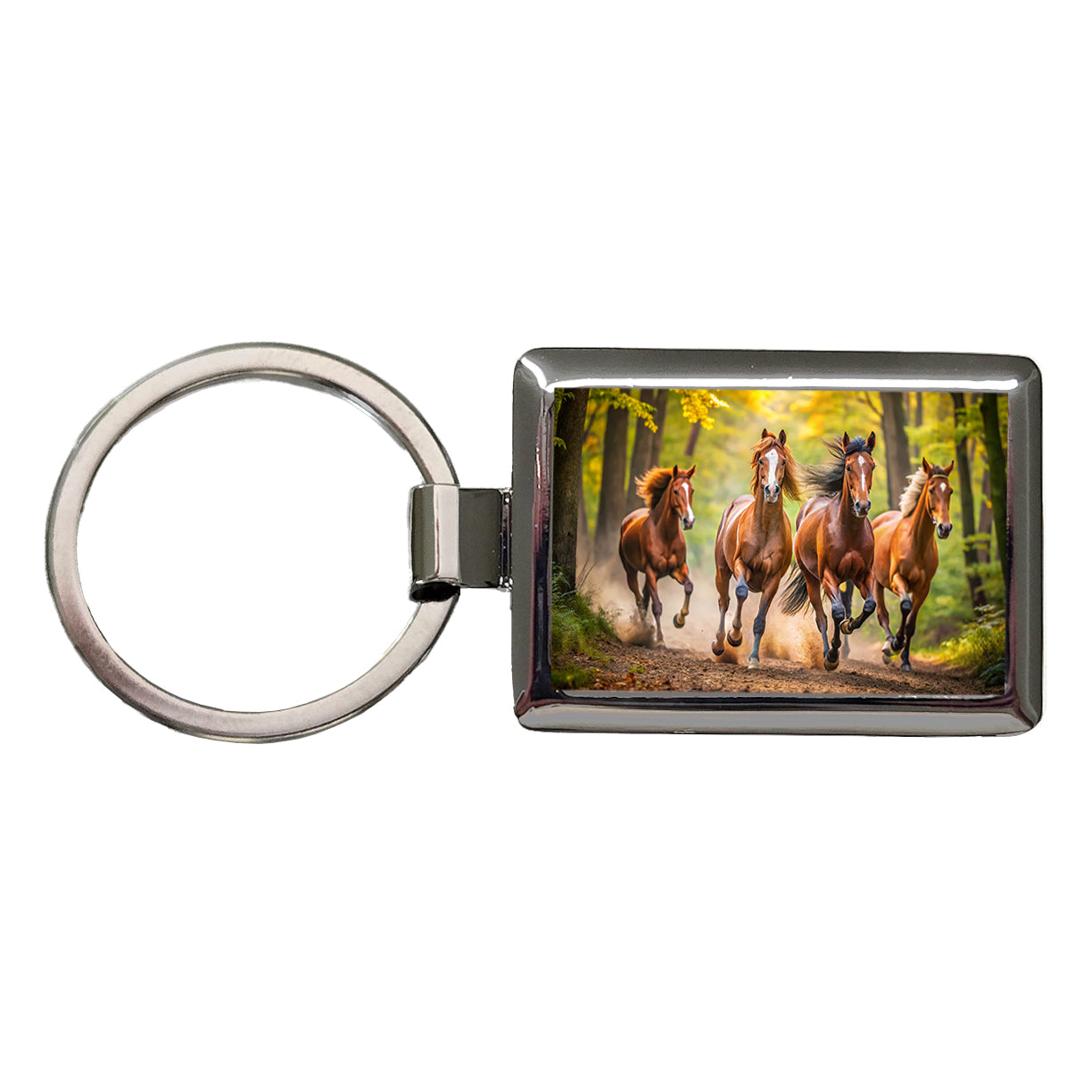 Horses Galloping Through The Forest Rectangle Metal Keychain
