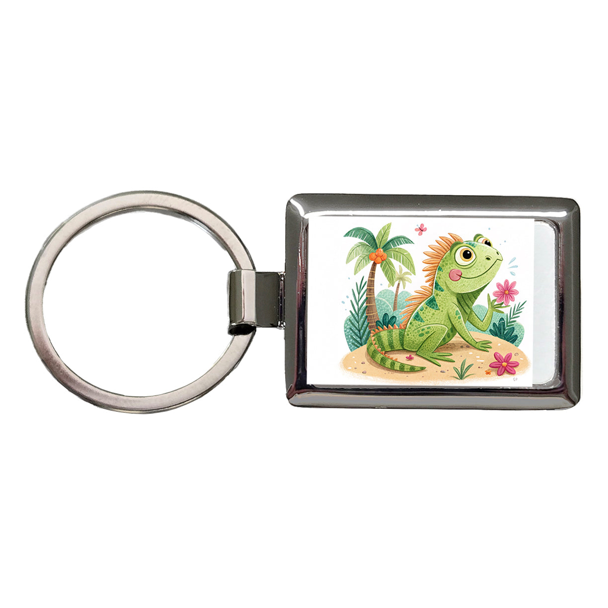 Iguana Lizard Children's Illustration Style Rectangle Metal Keychain