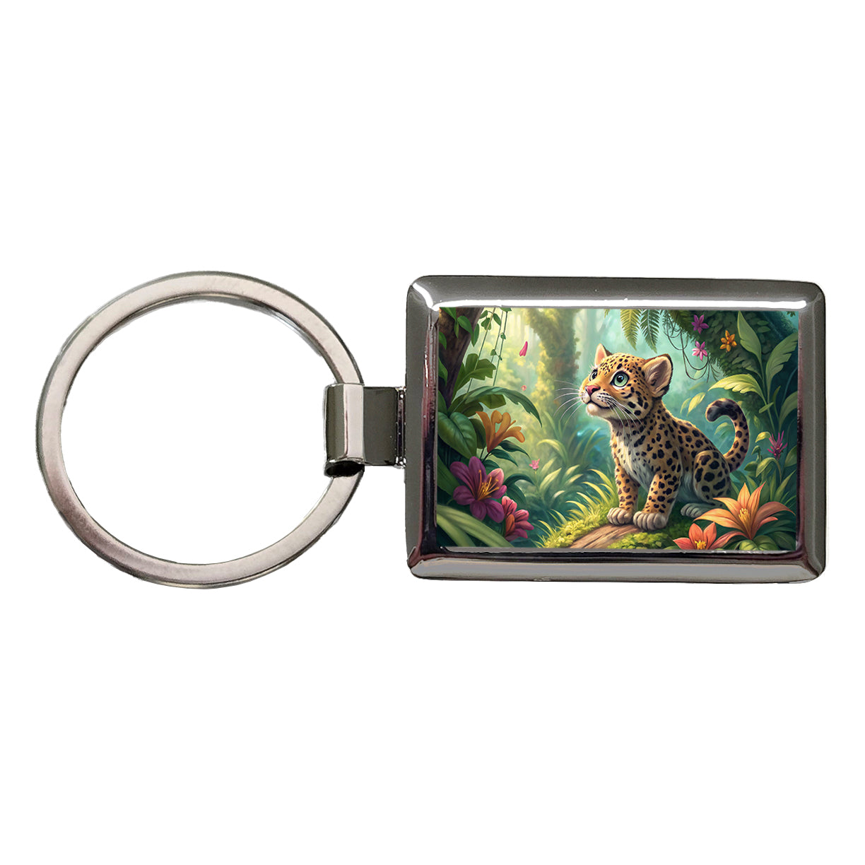 Jaguar Cat In Jungle Children's Illustration Style Rectangle Metal Keychain