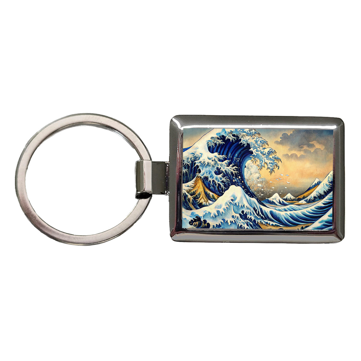 Japanese Blue Ocean Waves Ink Painting Rectangle Metal Keychain