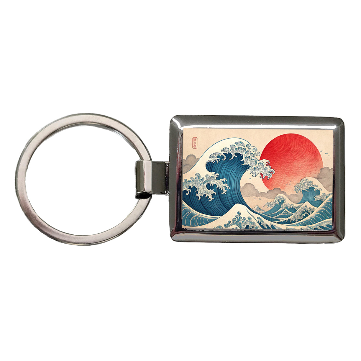 Japanese Blue Ocean Waves Large Sun Rectangle Metal Keychain
