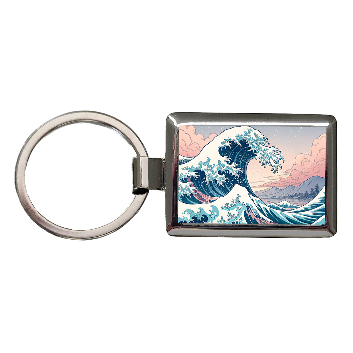 Japanese Blue Pink Ocean Waves Rectangle Metal Keychain