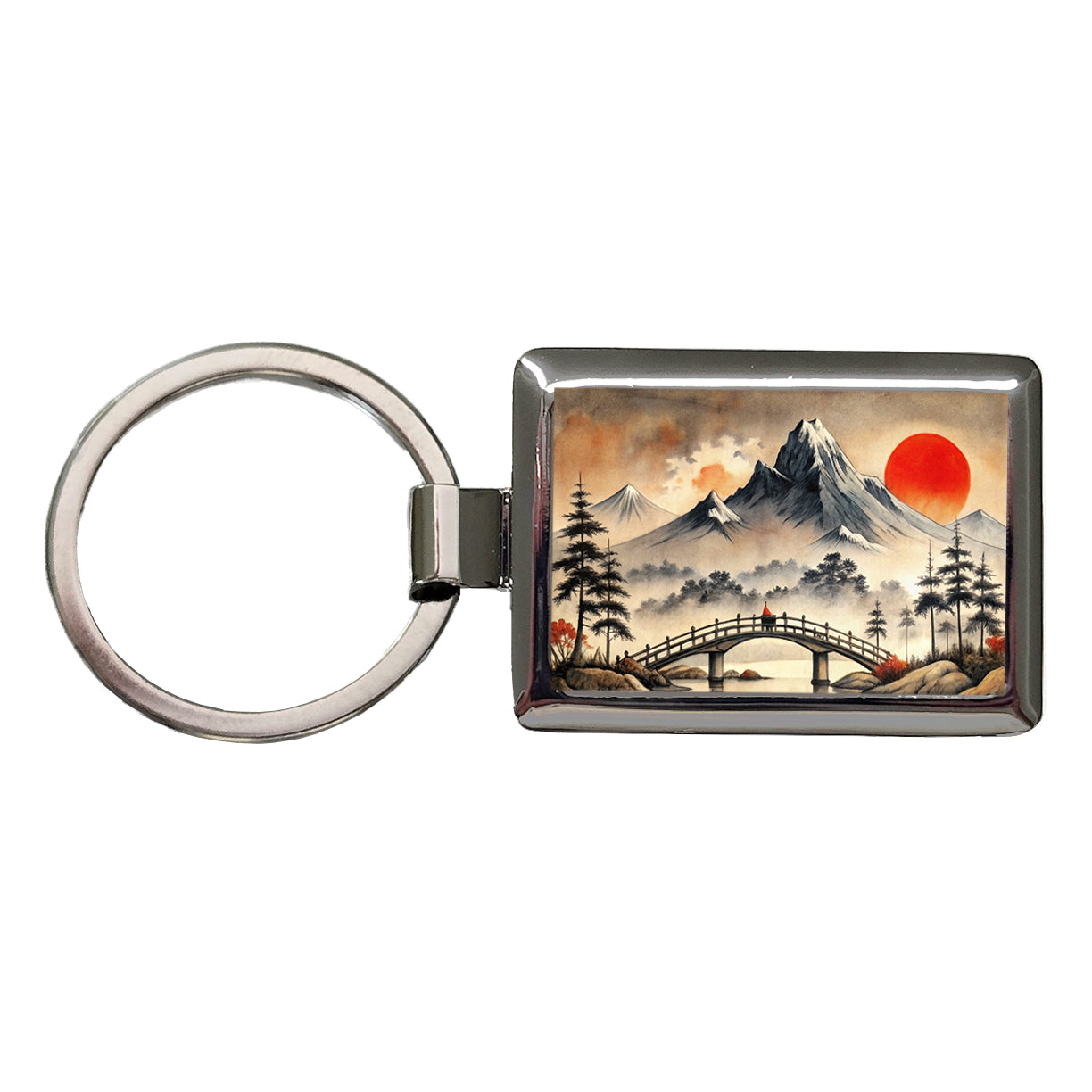 Japanese Style Ink Painting Bridge Over Water Landscape Rectangle Metal Keychain