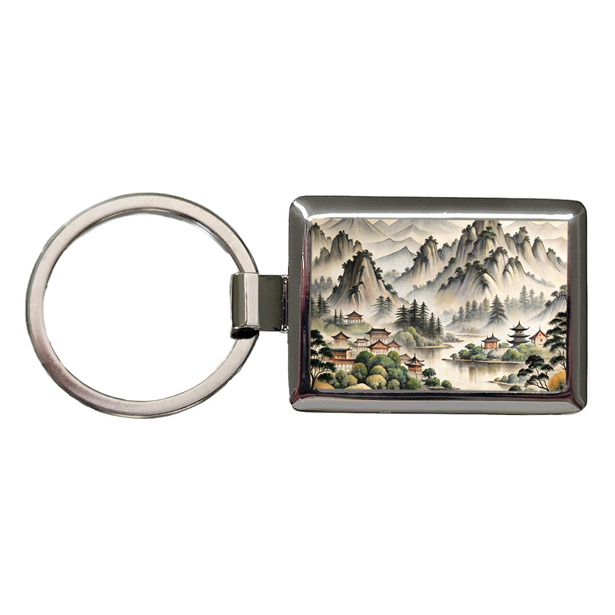 Japanese Style Ink Painting Lake and Mountains Landscape Rectangle Metal Keychain