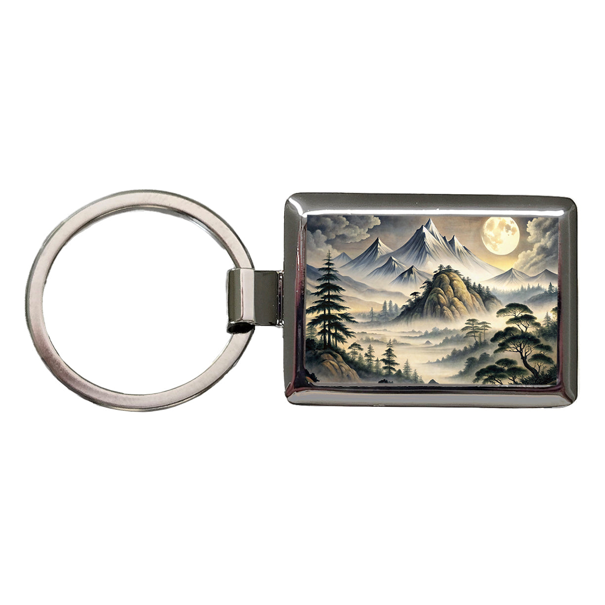 Japanese Style Ink Painting Landscape Misty Mountains Large Moon Rectangle Metal Keychain