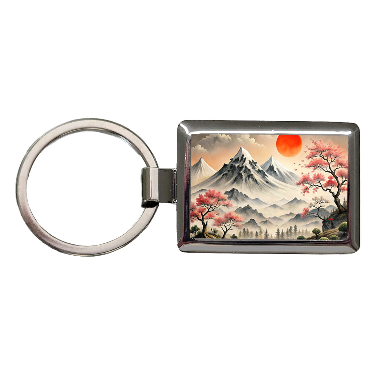 Japanese Style Ink Painting Landscape Mountains Under Red Sun Rectangle Metal Keychain