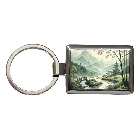 Japanese Style Ink Painting Landscape Rectangle Metal Keychain