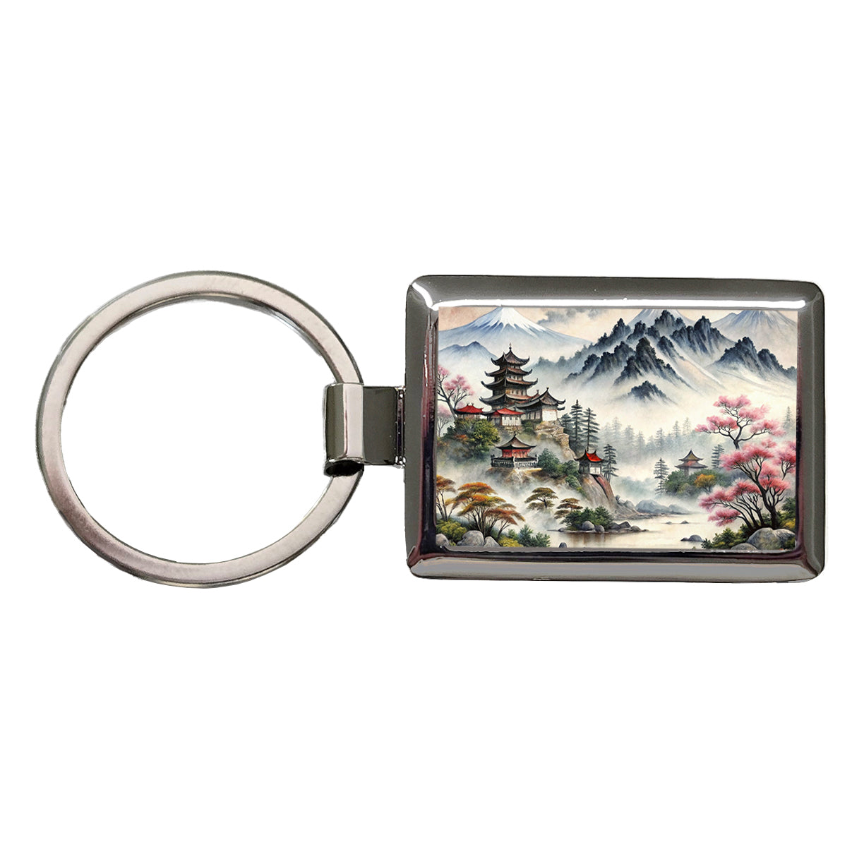 Japanese Style Ink Painting Mountain Landscape Rectangle Metal Keychain