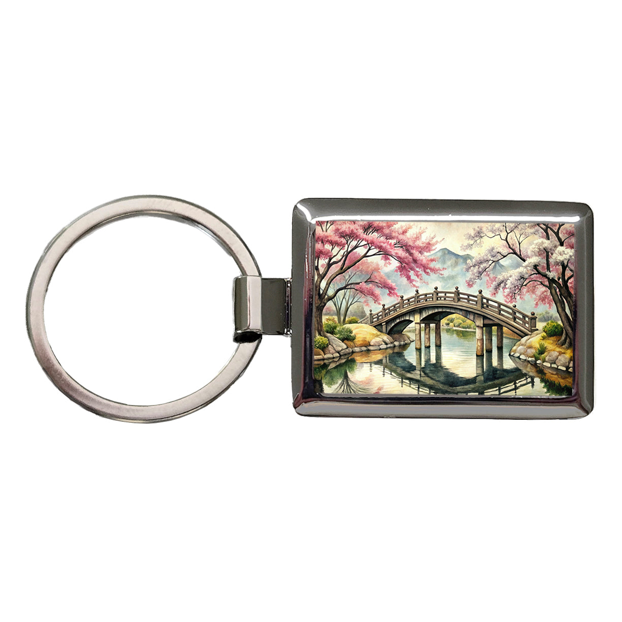 Japanese Style Ink Painting Sakura Trees Bridge Water Landscape Rectangle Metal Keychain
