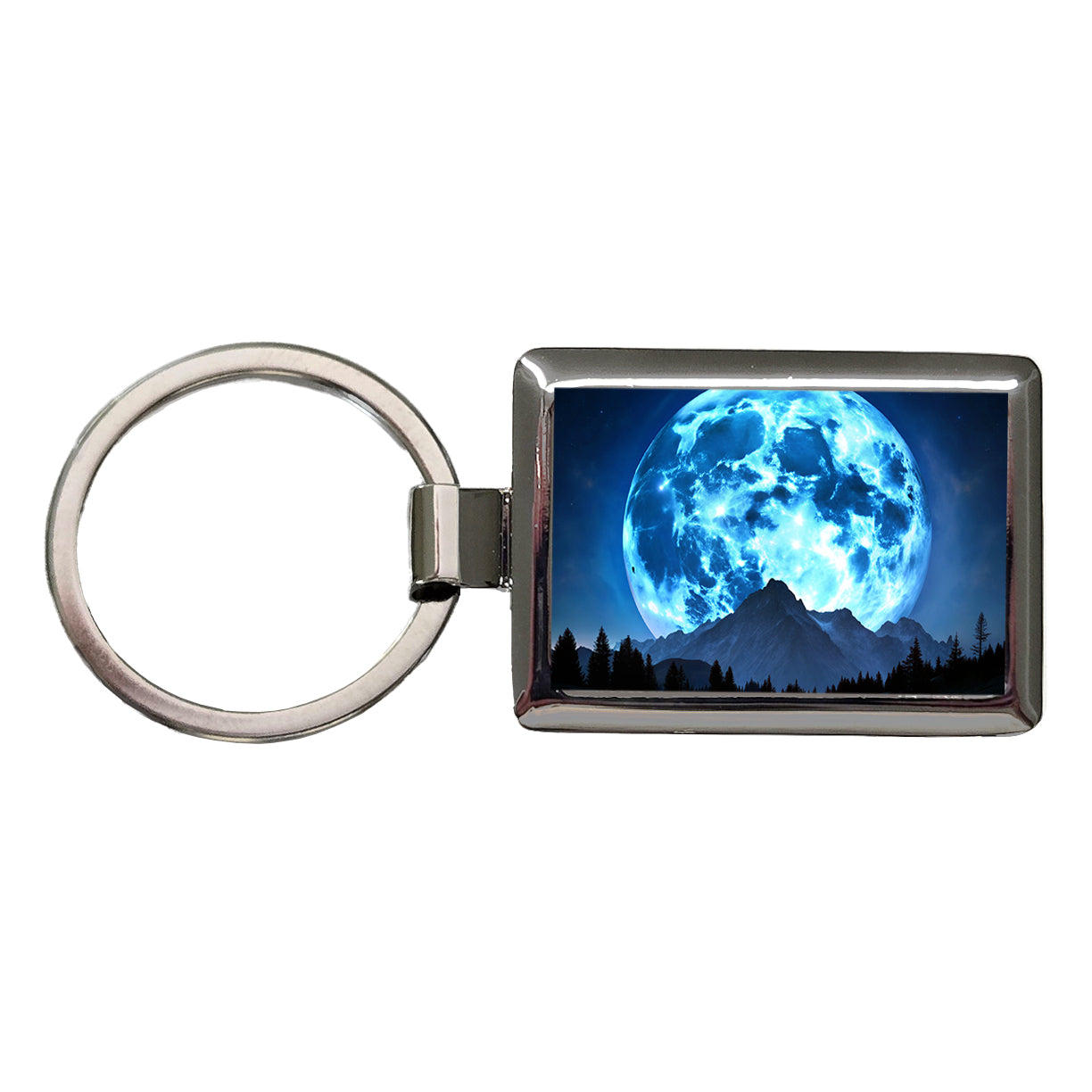 Large Blue Moon Over Mountain Range Rectangle Metal Keychain