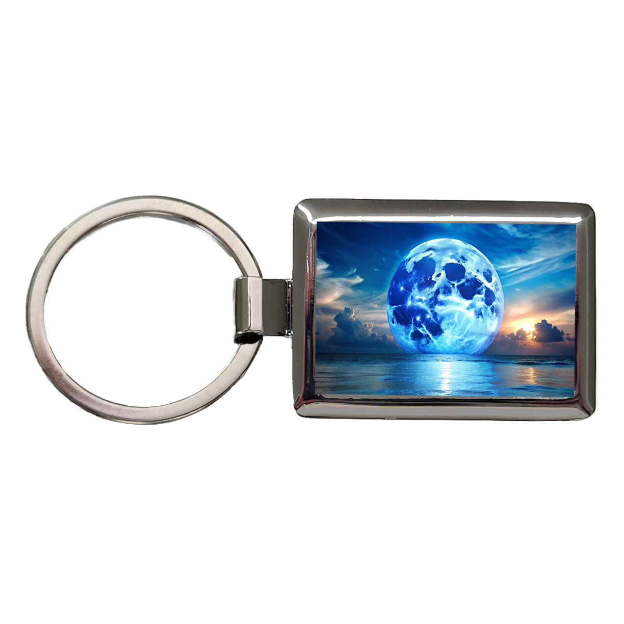 Large Blue Moon Over The Ocean Horizon Rectangle Metal Keychain