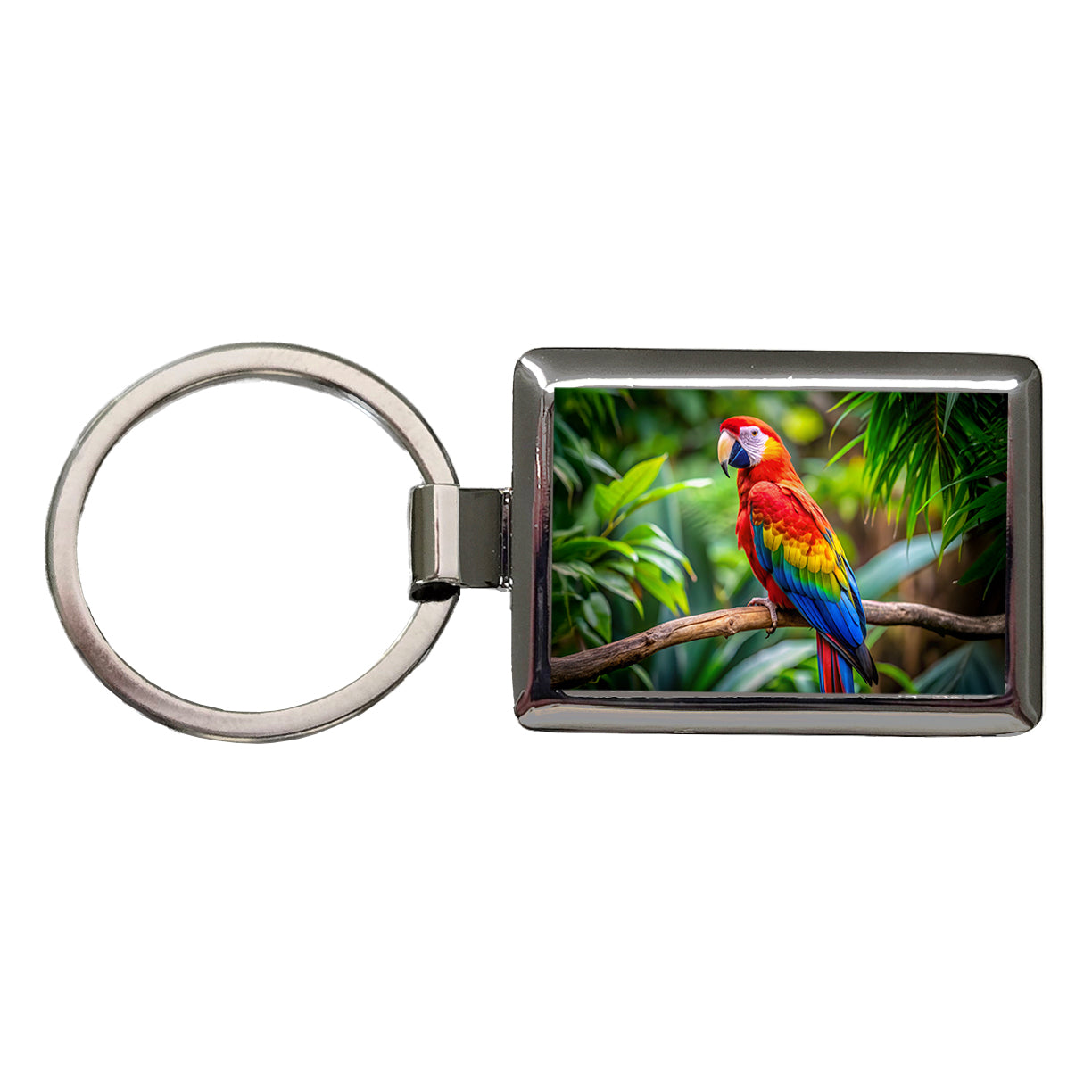 Macaw Parrot Bird On Branch Rectangle Metal Keychain