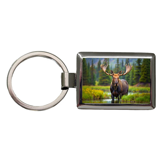 Moose Rectangle Metal Keychain