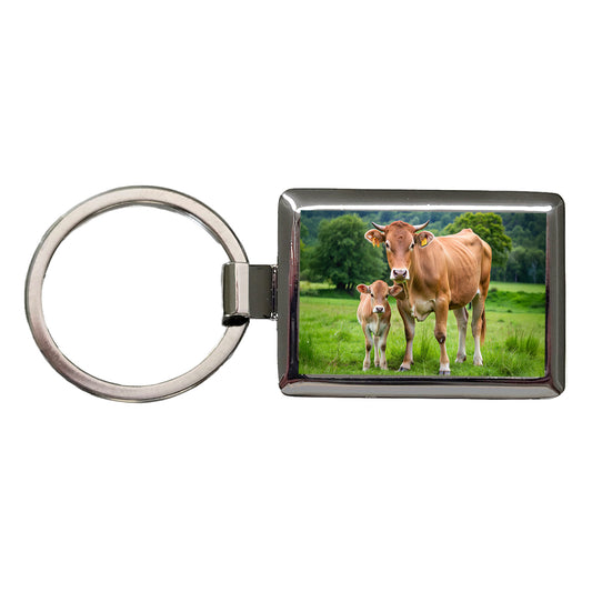 Mother Cow With Calf Rectangle Metal Keychain