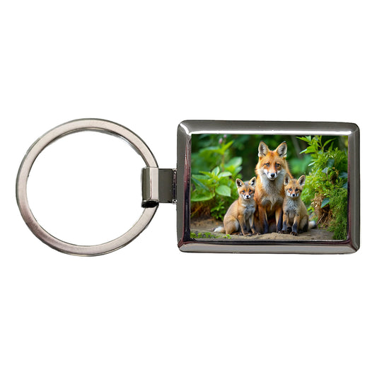 Mother Fox And Pups Rectangle Metal Keychain