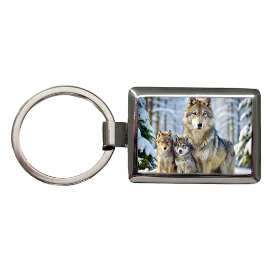 Mother Wolf And Pups In Winter Rectangle Metal Keychain