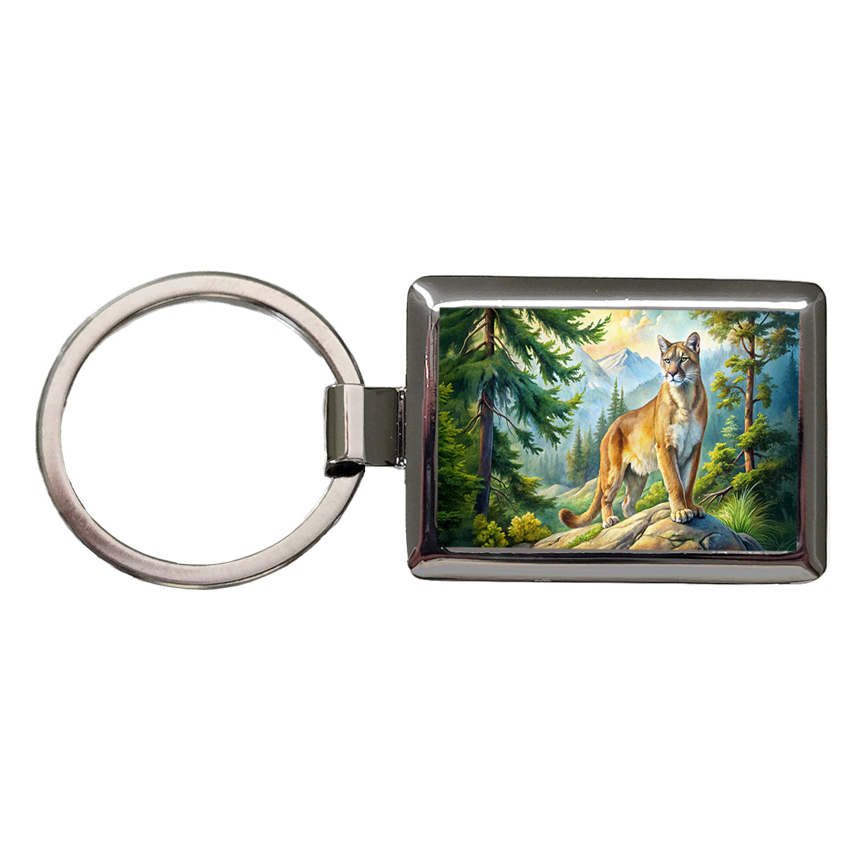Mountain Lion Cougar In Woods Watercolor Rectangle Metal Keychain