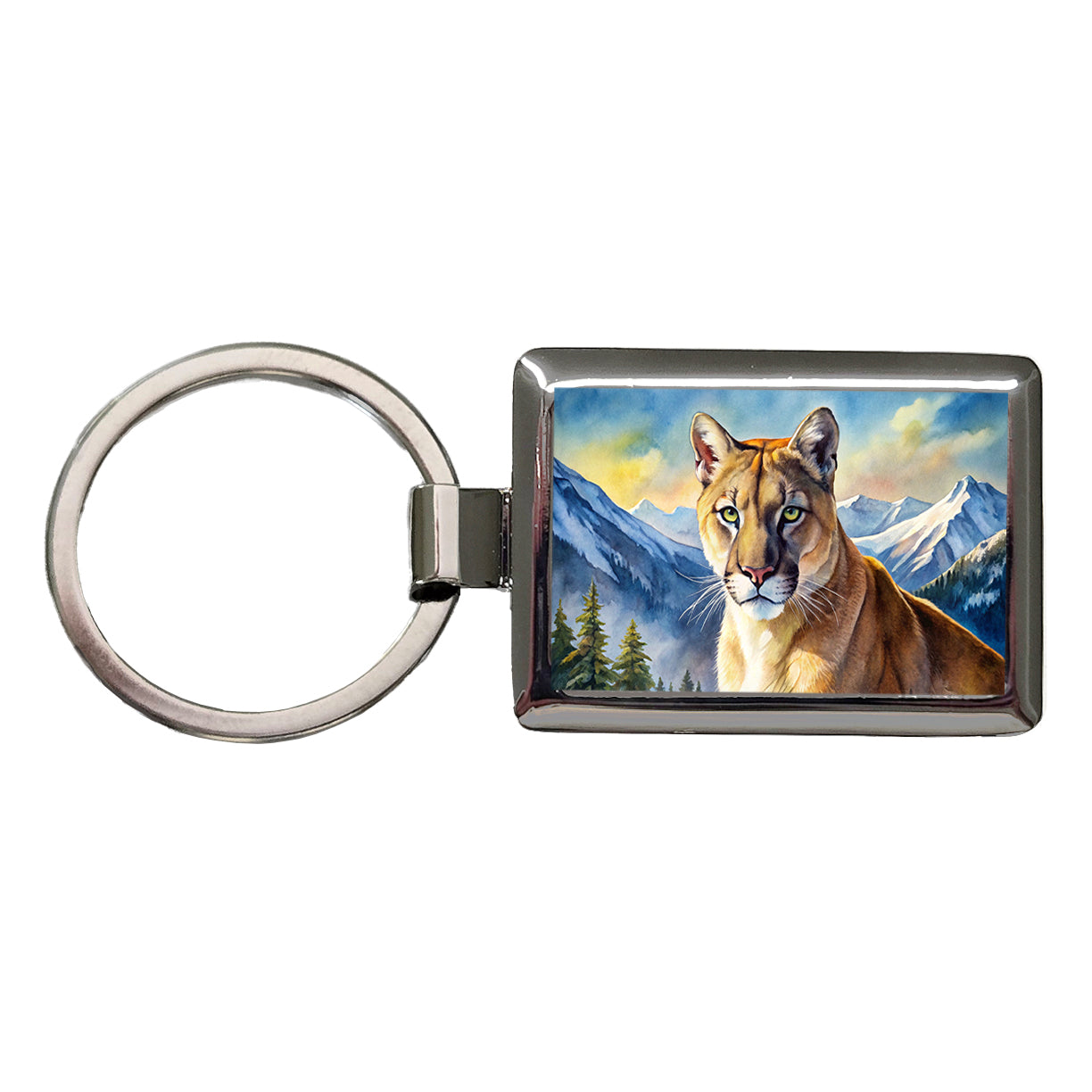 Mountain Lion Cougar Watercolor Rectangle Metal Keychain