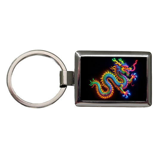 Neon Asian Dragon Rectangle Metal Keychain