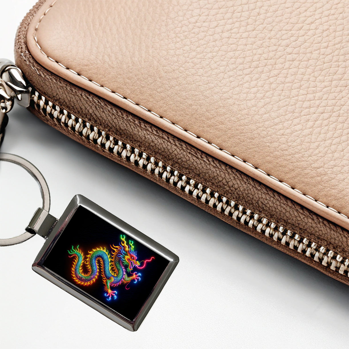 Neon Asian Dragon Rectangle Metal Keychain