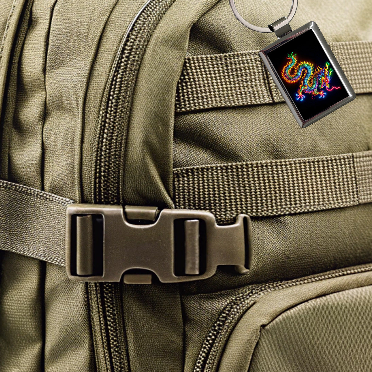 Neon Asian Dragon Rectangle Metal Keychain