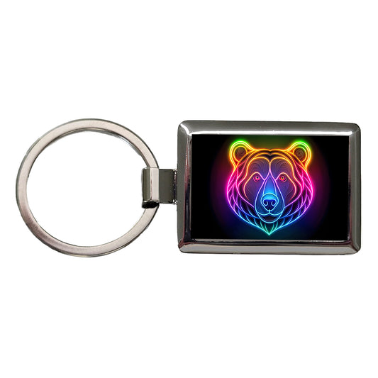 Neon Bear Face Rectangle Metal Keychain