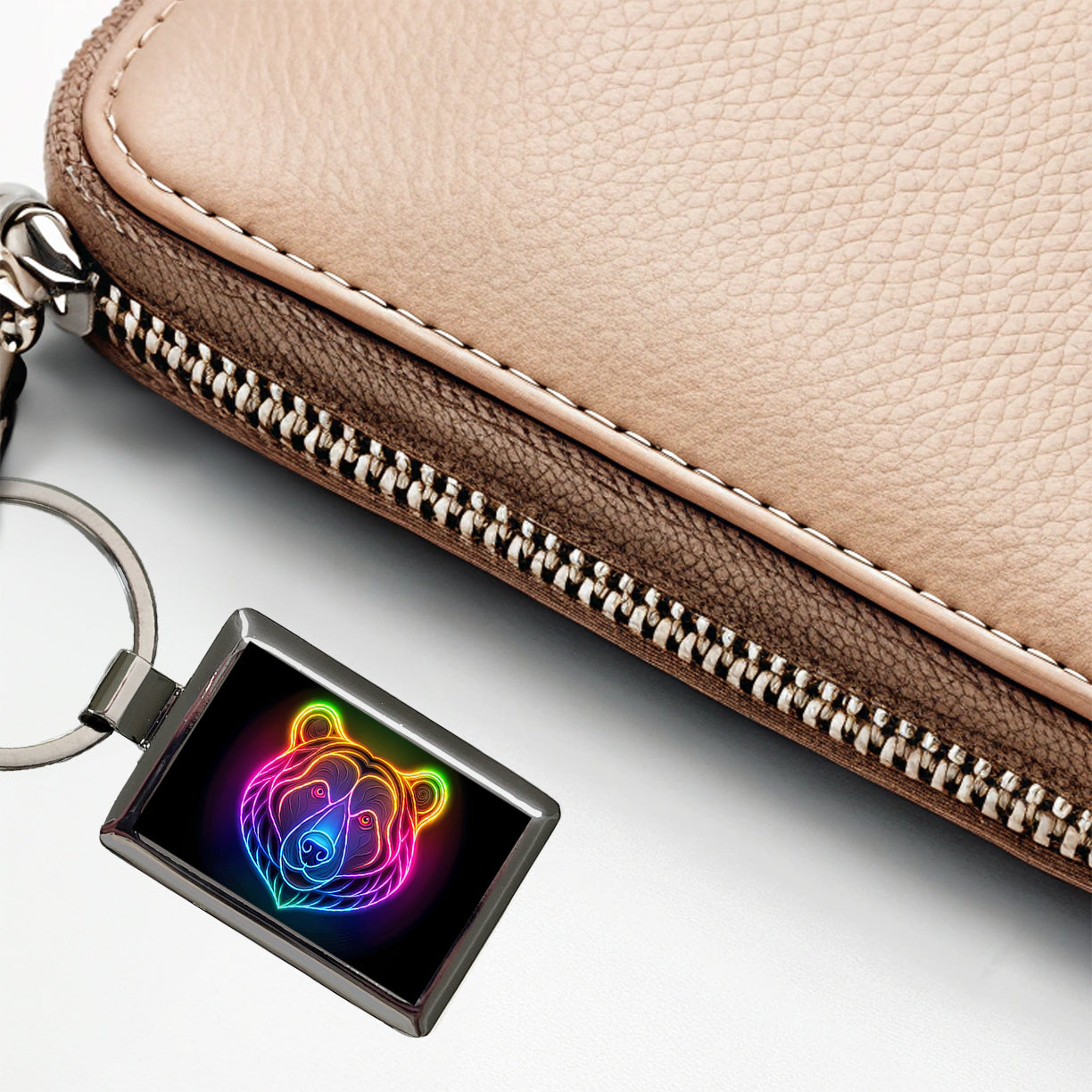 Neon Bear Face Rectangle Metal Keychain