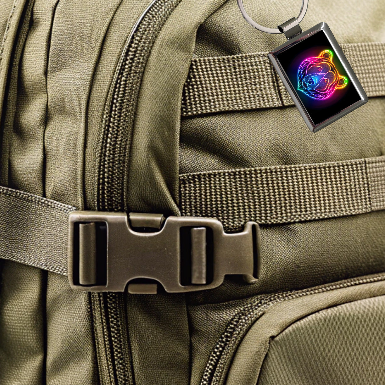 Neon Bear Face Rectangle Metal Keychain