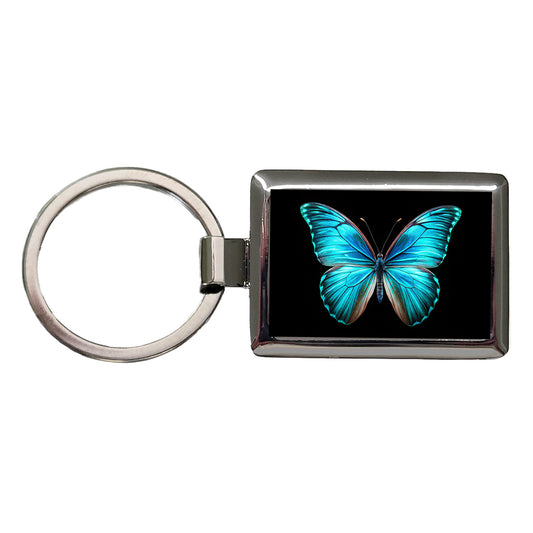 Neon Blue Teal Butterfly Rectangle Metal Keychain