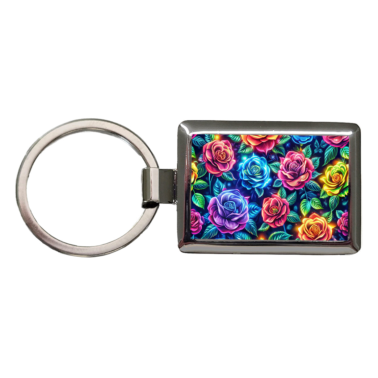 Neon Colorful Rose Floral Pattern Rectangle Metal Keychain