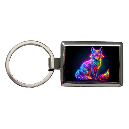 Neon Fox Rectangle Metal Keychain