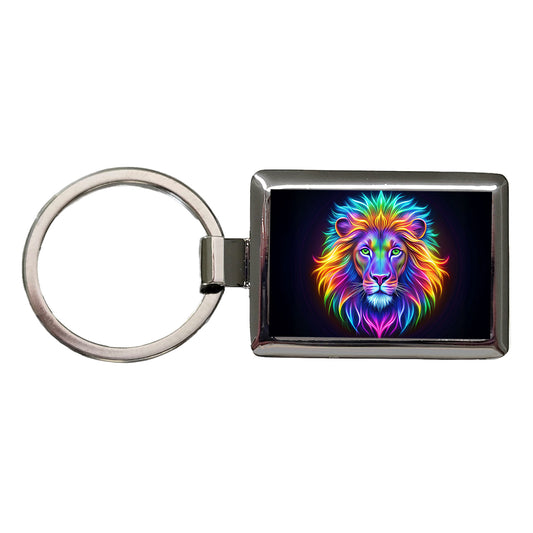Neon Lion Rectangle Metal Keychain