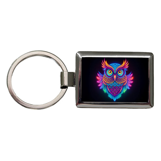 Neon Owl Rectangle Metal Keychain