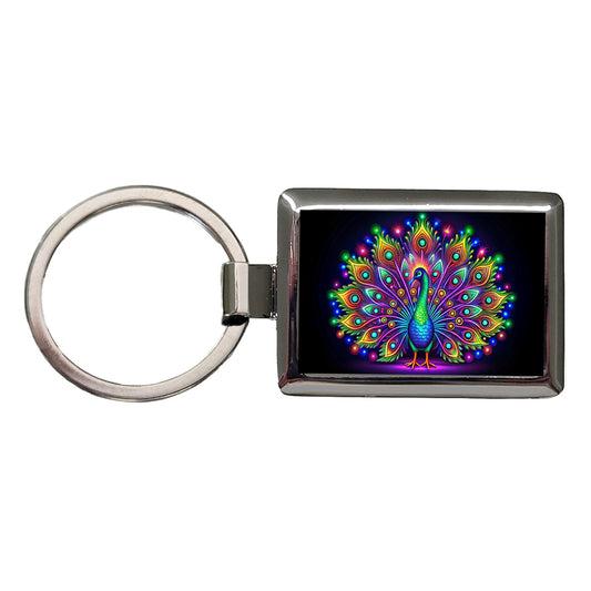 Neon Peacock Rectangle Metal Keychain