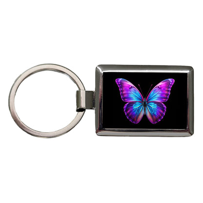 Neon Purple Blue Butterfly Rectangle Metal Keychain