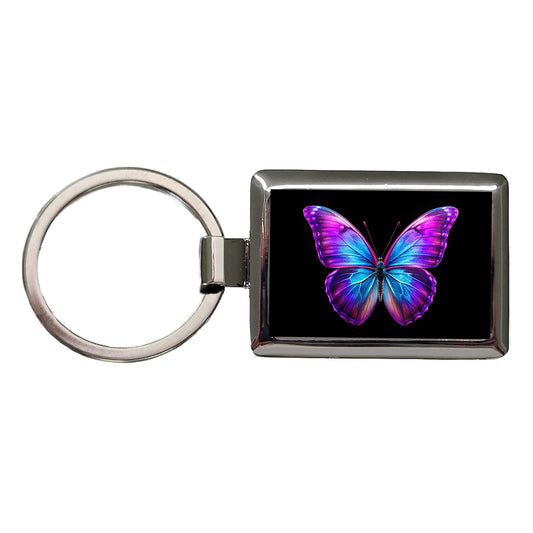 Neon Purple Blue Butterfly Rectangle Metal Keychain